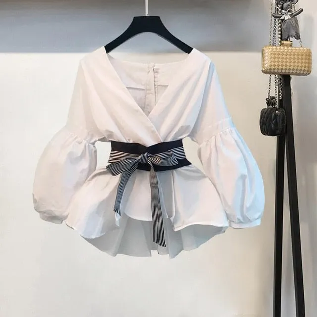 2021 Lantern Long Sleeve Women Blouse Korean Style Sizes S - 3XL