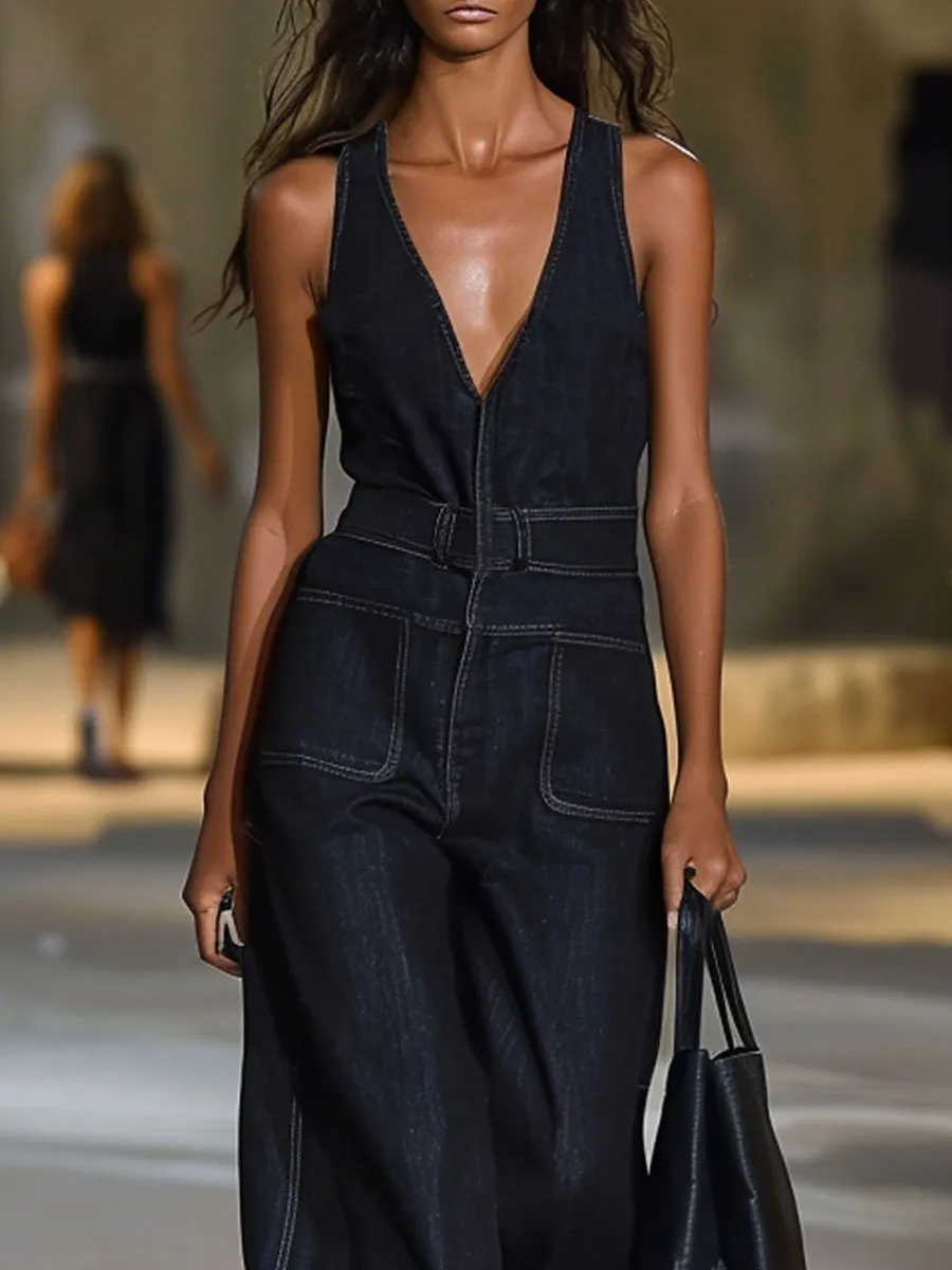 【24-hour shipping】V-Neck Retro Casual Loose Sleeveless Wide-Leg Denim Jumpsuit