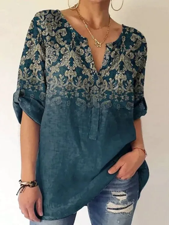 3/4 Sleeve V-Neck Printed Tunic