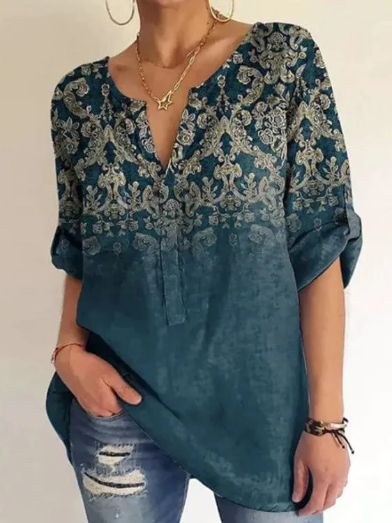 3/4 Sleeve V-Neck Printed Tunic