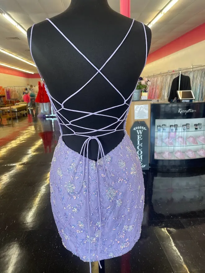 Amarra 87129 Size 8 Lilac Short Fitted Lace Sequin Embellished Cocktail Dress Backless Corset Formal Gown