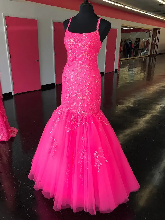Amarra 87339 Neon Pink Mermaid Prom Dresses Size 10 Sequin Embellished Tulle Mermaid Backless Corset Lace Gown