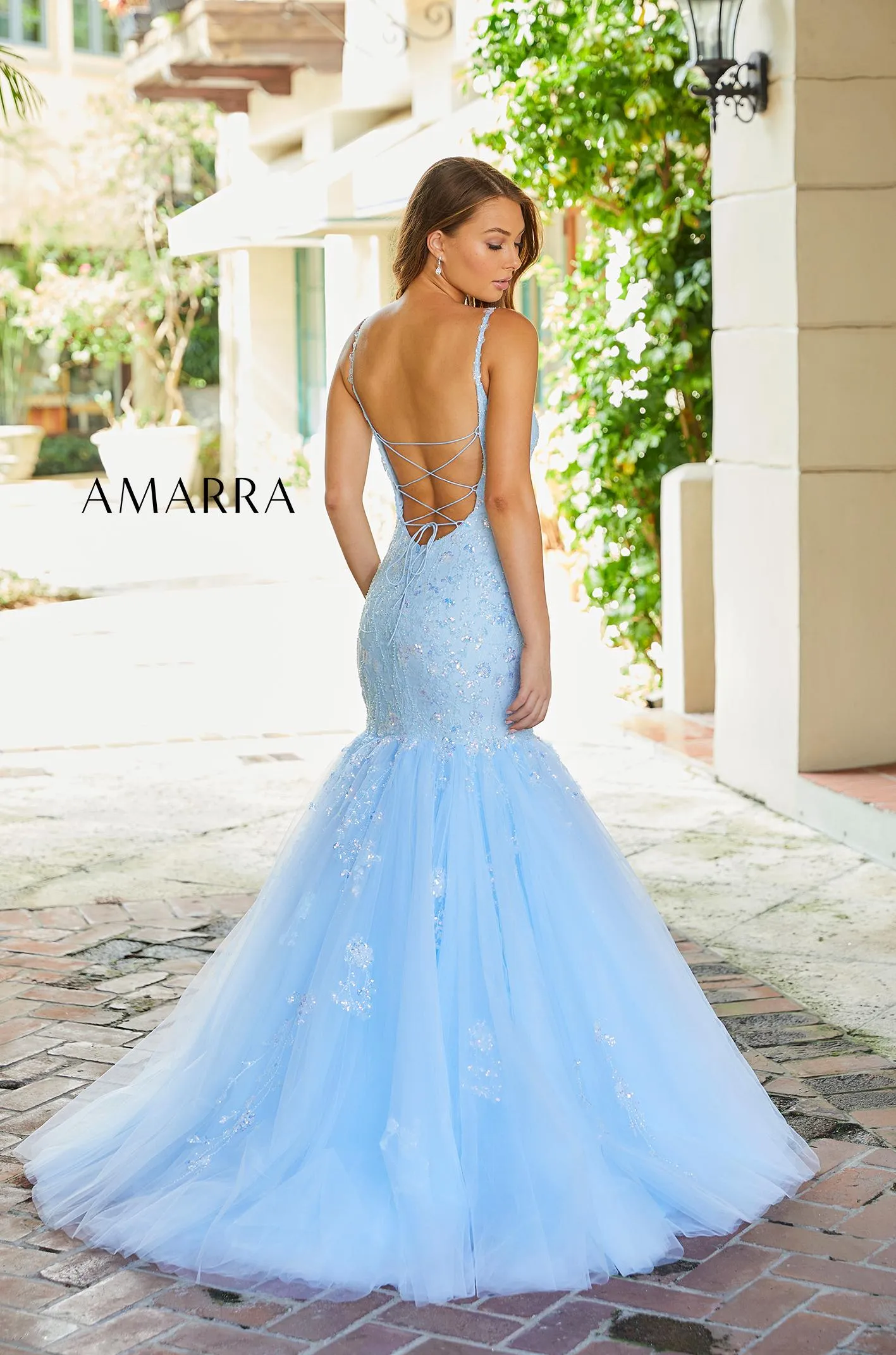 Amarra 87339 Neon Pink Mermaid Prom Dresses Size 10 Sequin Embellished Tulle Mermaid Backless Corset Lace Gown