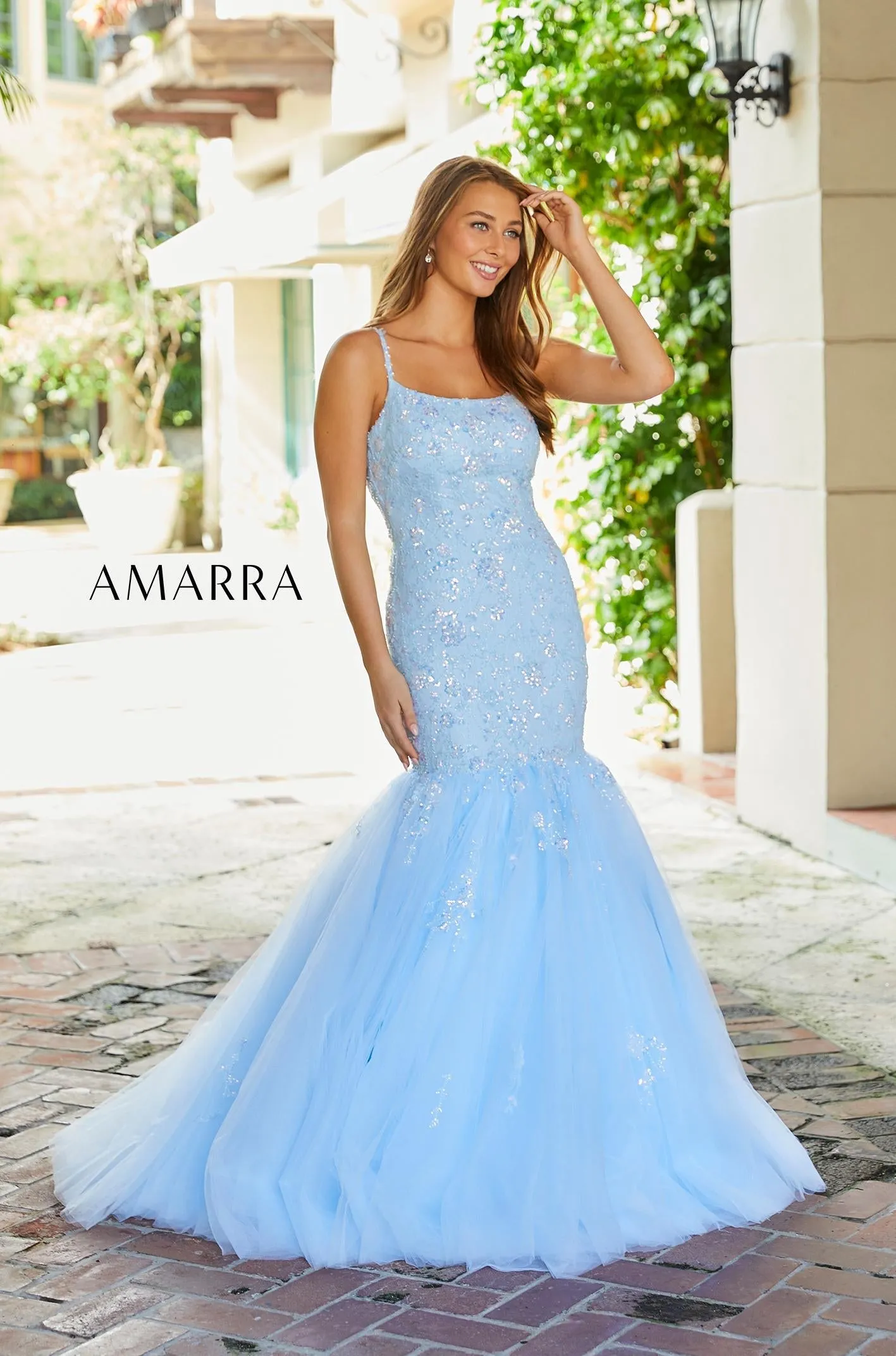 Amarra 87339 Neon Pink Mermaid Prom Dresses Size 10 Sequin Embellished Tulle Mermaid Backless Corset Lace Gown