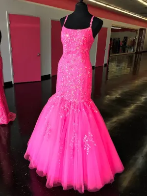 Amarra 87339 Neon Pink Mermaid Prom Dresses Size 10 Sequin Embellished Tulle Mermaid Backless Corset Lace Gown