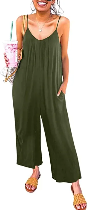 Army Green Women's Casual Sleeveless Front Button Loose Jumpsuits Stretchy Long Pants Romper with Pockets - Happy Sailed