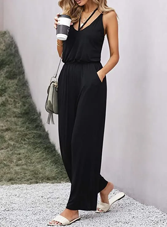 Army Green Women's Casual Sleeveless Front Button Loose Jumpsuits Stretchy Long Pants Romper with Pockets - Happy Sailed
