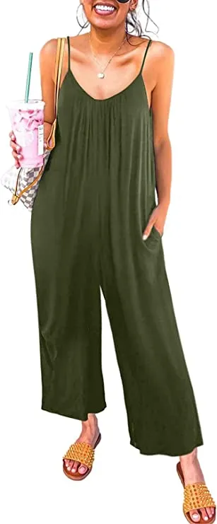 Army Green Women's Casual Sleeveless Front Button Loose Jumpsuits Stretchy Long Pants Romper with Pockets - Happy Sailed