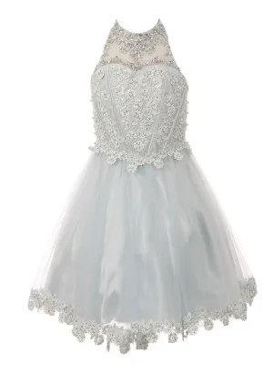 Big Girls Blue Halter Neck Rhinestone Sequin Junior Bridesmaid Dress 8-16