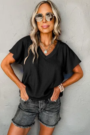 Black Crinkled V Neck Wide Sleeve Summer T-Shirt for Women