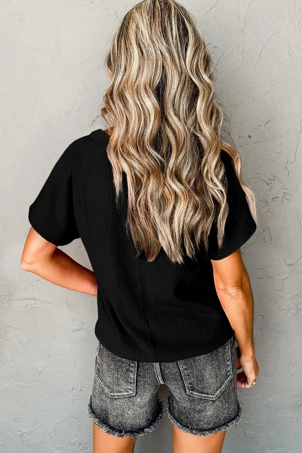Black Crinkled V Neck Wide Sleeve Summer T-Shirt for Women