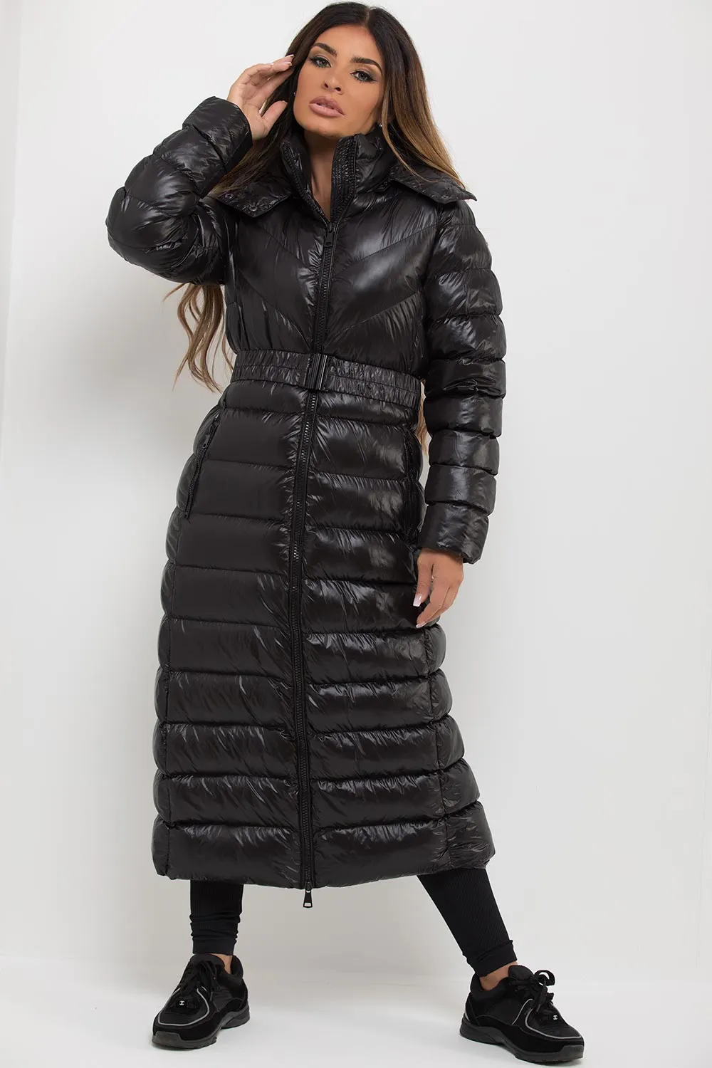 Black Longline Puffer Padded Jacket With Hood & Belt