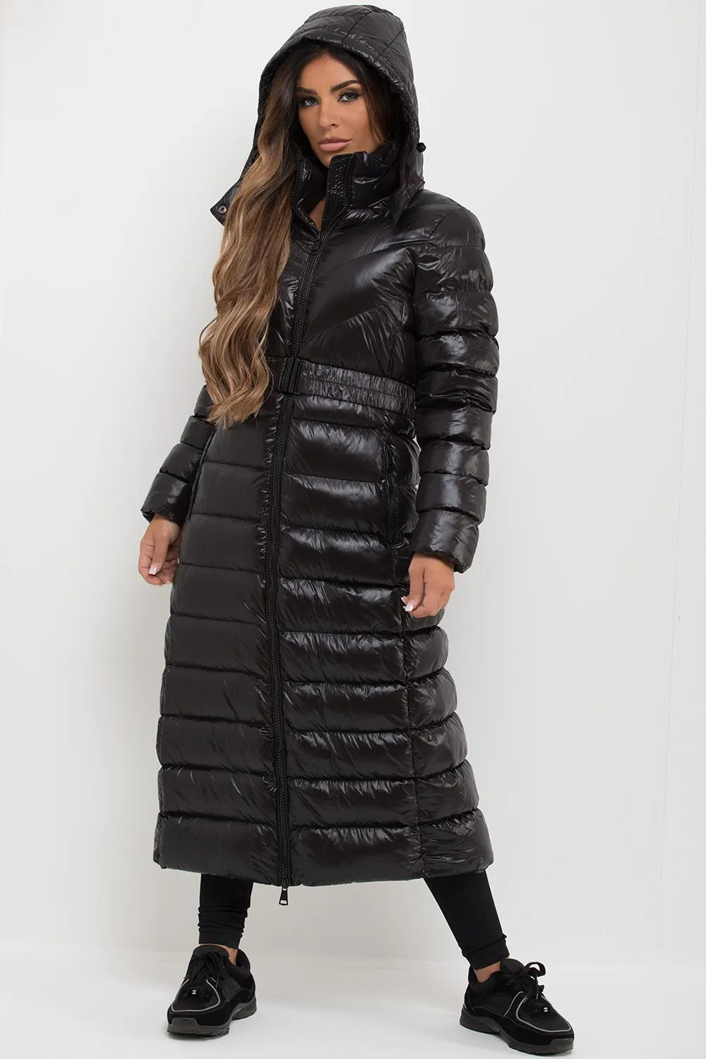 Black Longline Puffer Padded Jacket With Hood & Belt