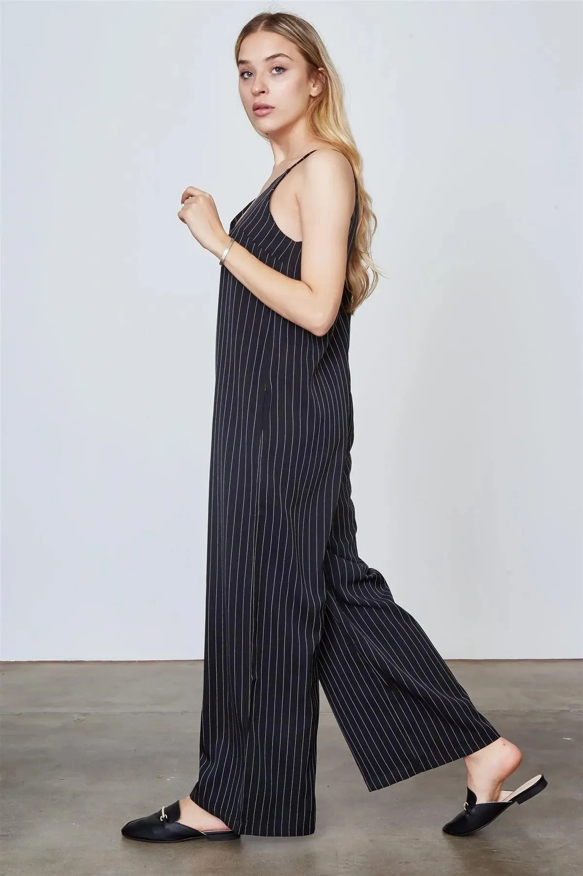 Black Pinstripe Wide Leg Jumpsuit /3-2-1