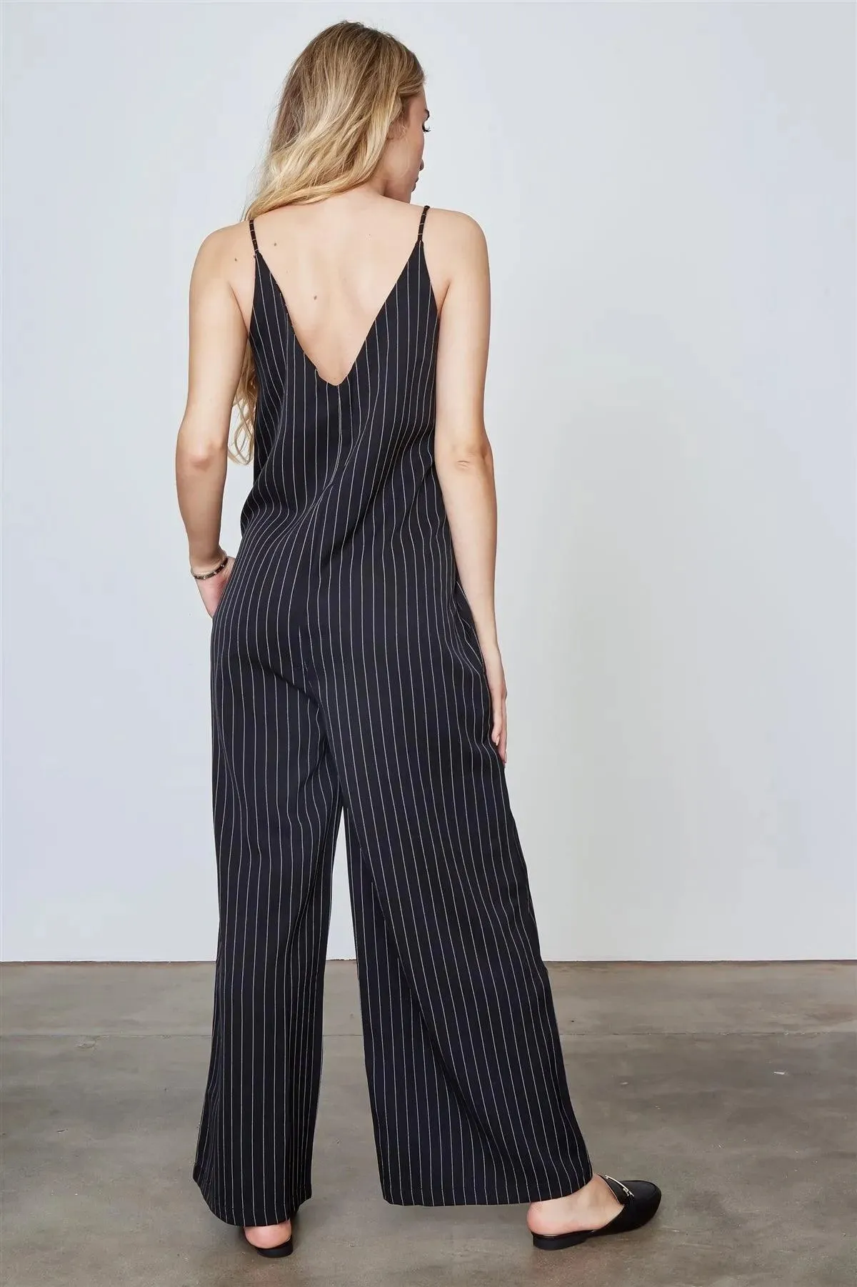 Black Pinstripe Wide Leg Jumpsuit /3-2-1