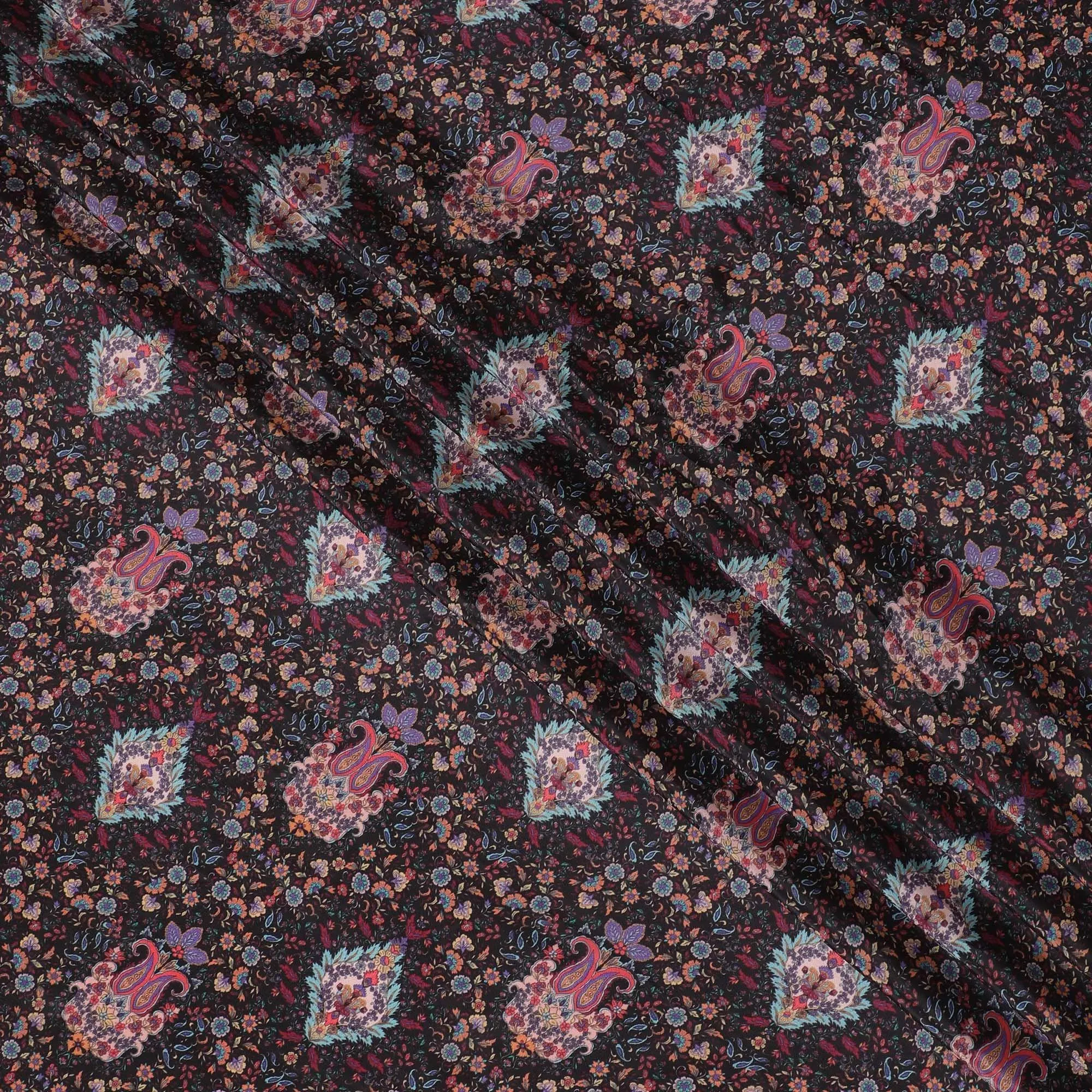 Black synthetic crepe fabric with multicolor print in floral design-D15027