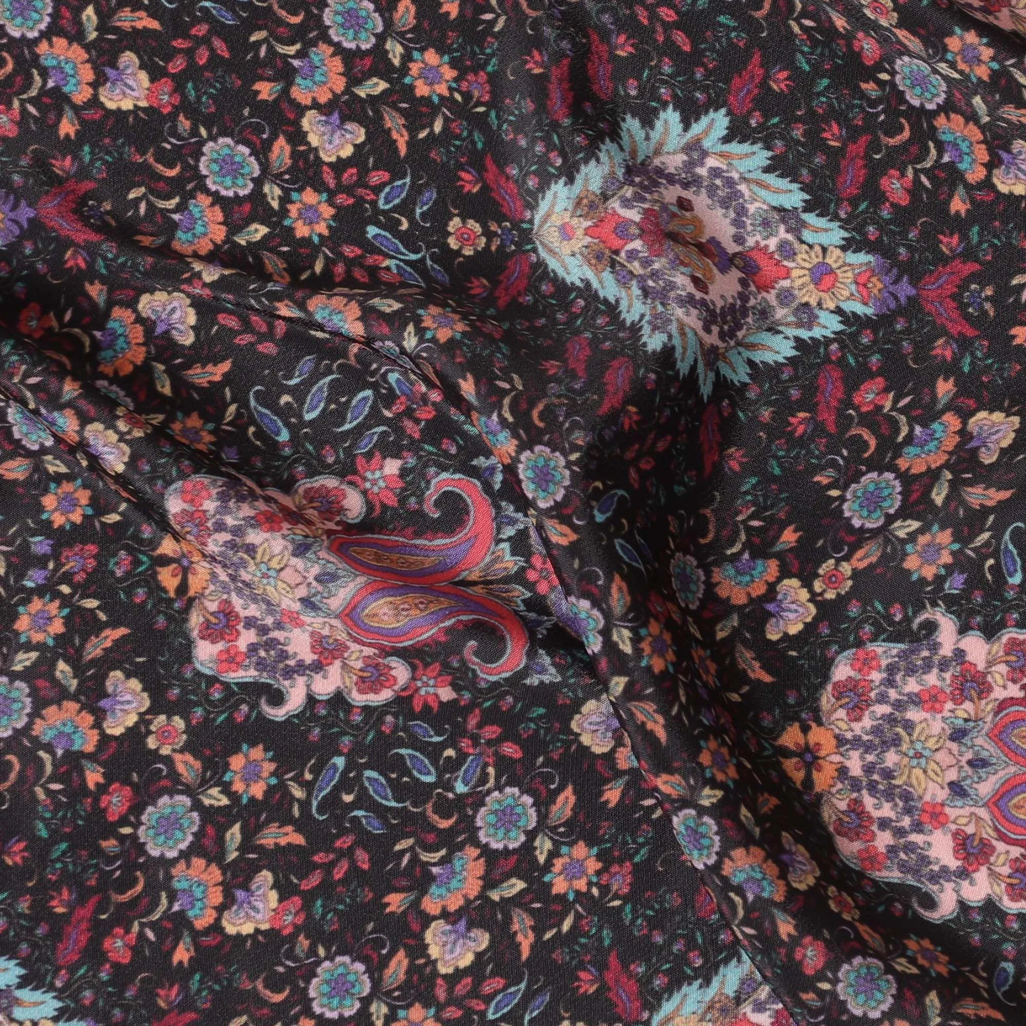 Black synthetic crepe fabric with multicolor print in floral design-D15027