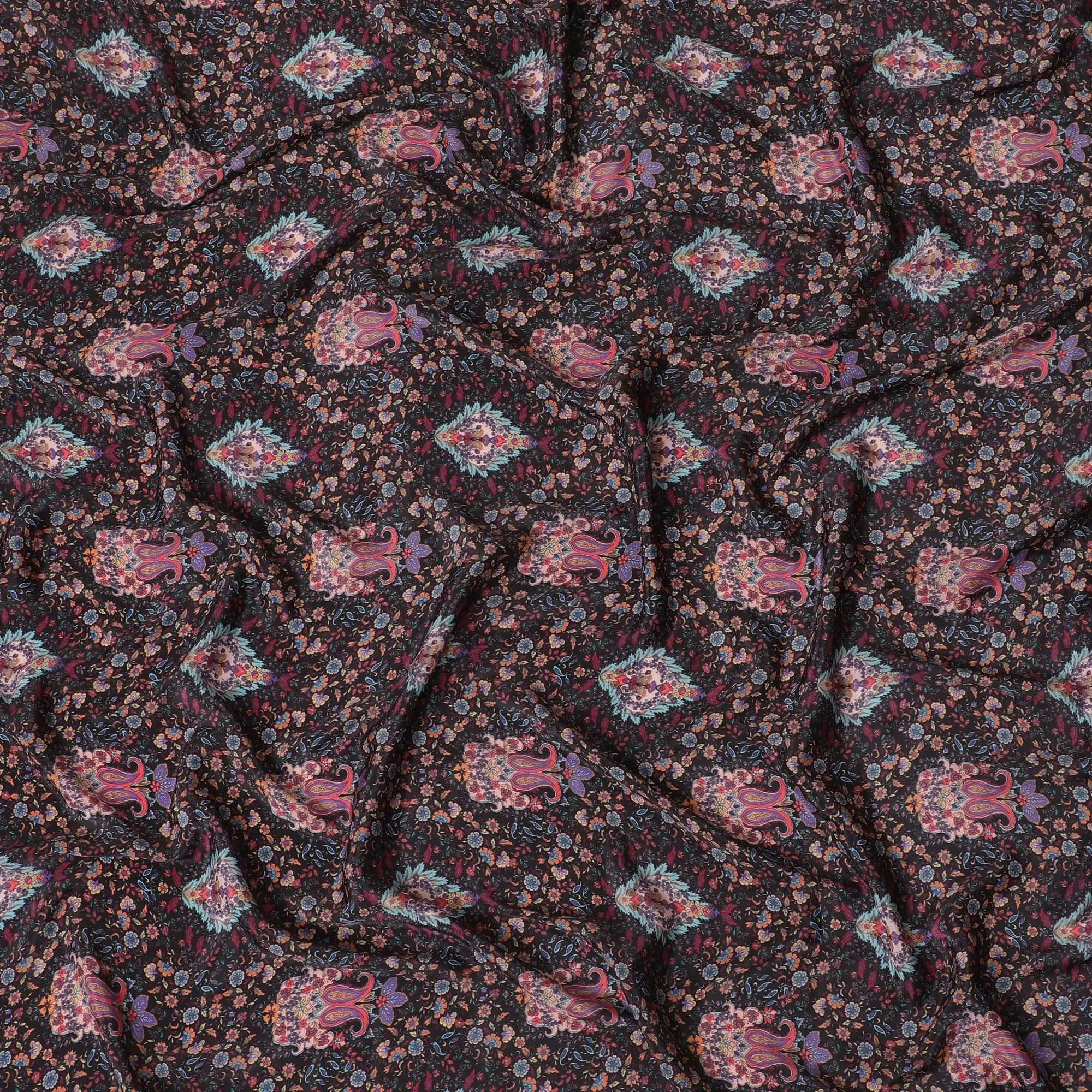 Black synthetic crepe fabric with multicolor print in floral design-D15027