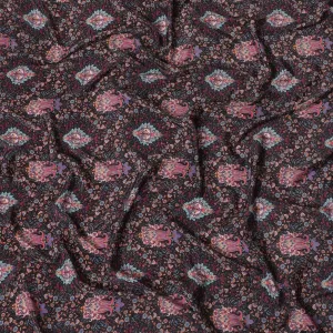 Black synthetic crepe fabric with multicolor print in floral design-D15027