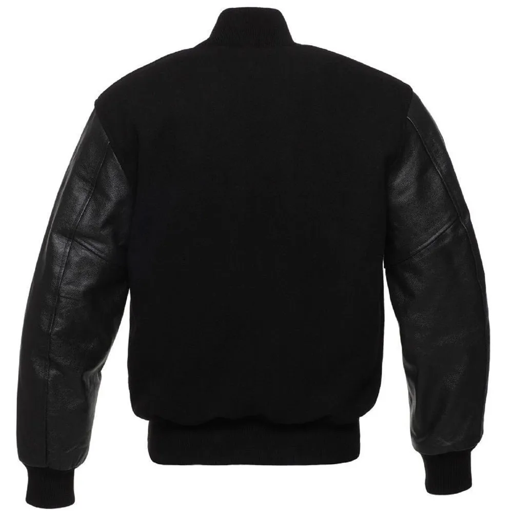 Black Varsity Bomber Wool Leather Jacket
