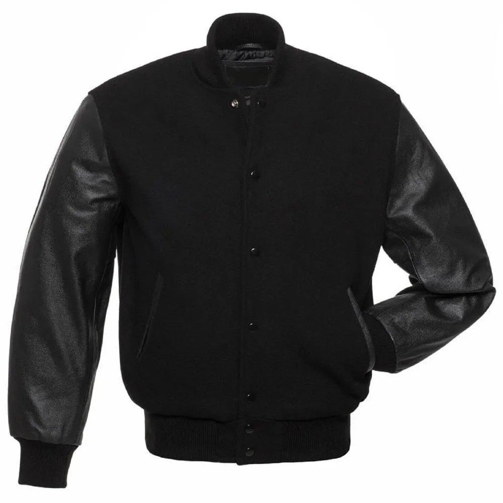 Black Varsity Bomber Wool Leather Jacket