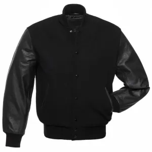 Black Varsity Bomber Wool Leather Jacket