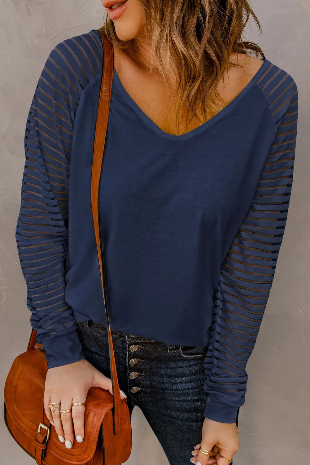 Blue Sheer Stripe V-Neck Blouse