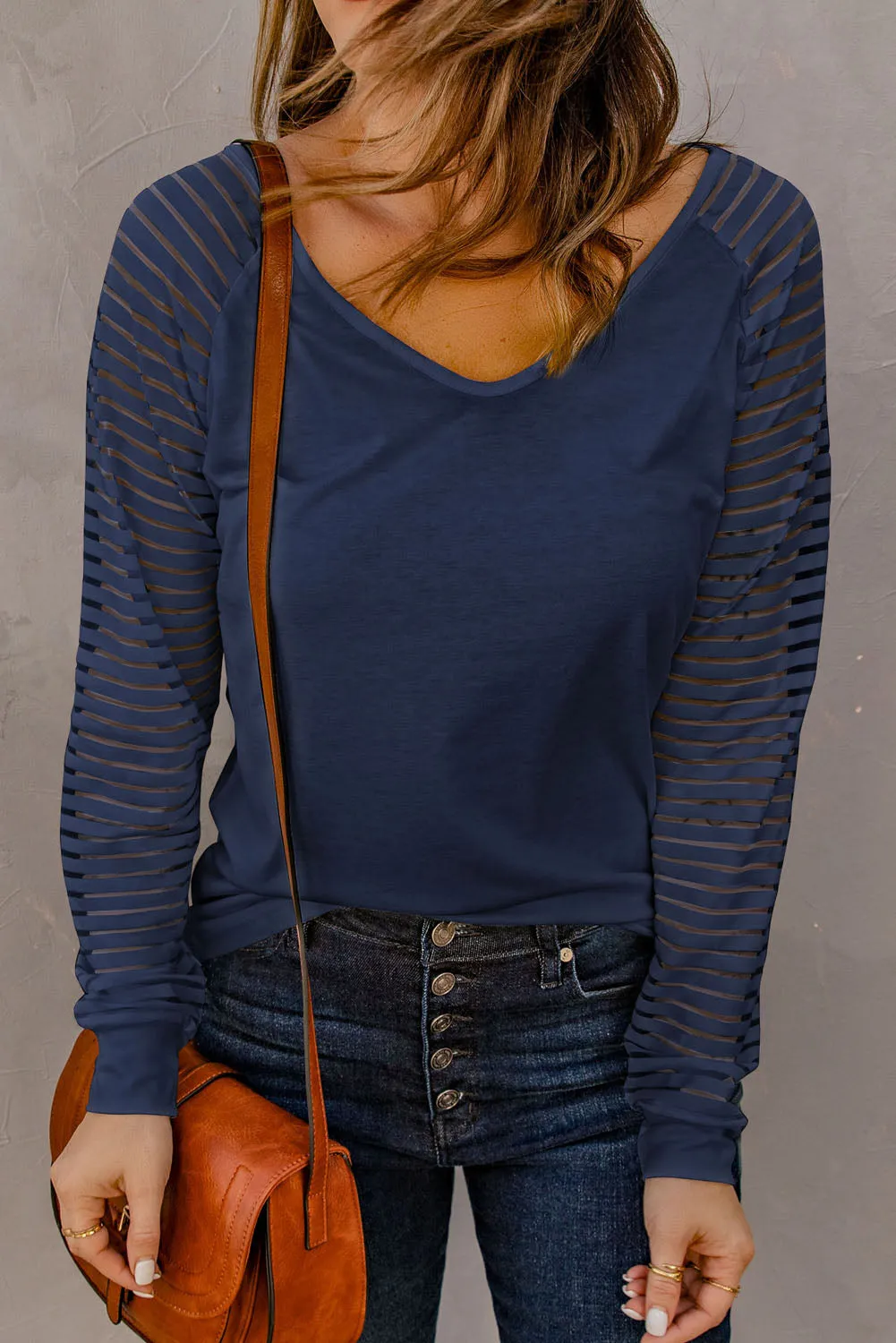 Blue Sheer Stripe V-Neck Blouse