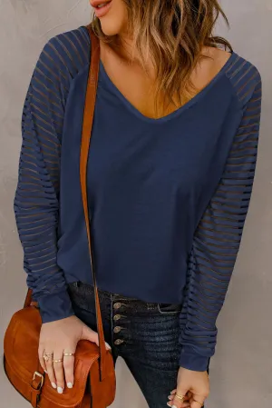 Blue Sheer Stripe V-Neck Blouse