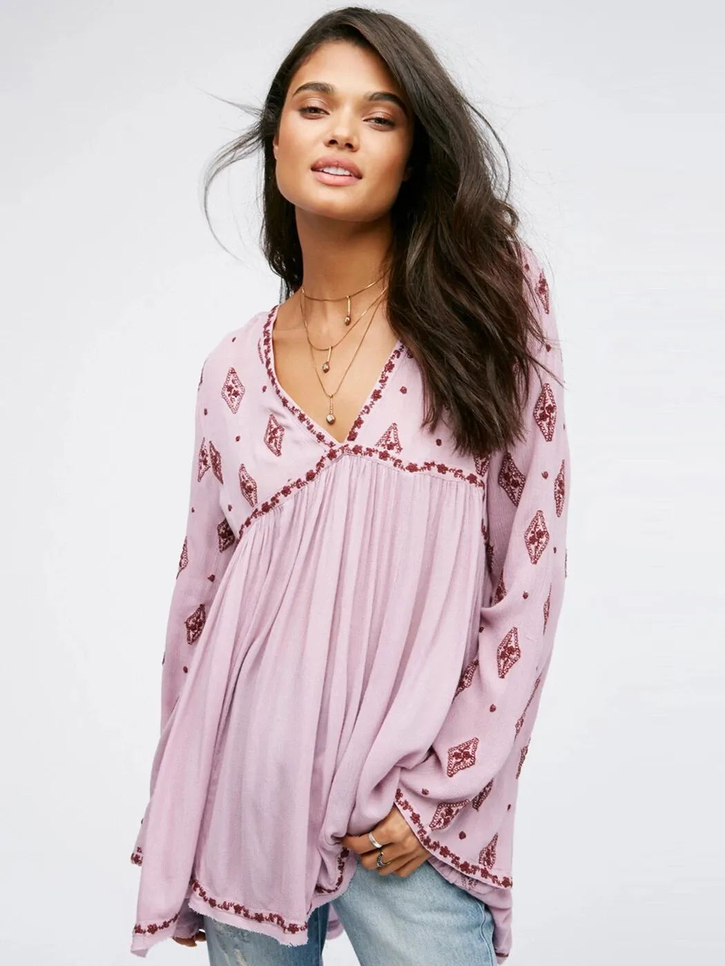 Boho Vibe Diamond Embroidered V-Neck Beach Top