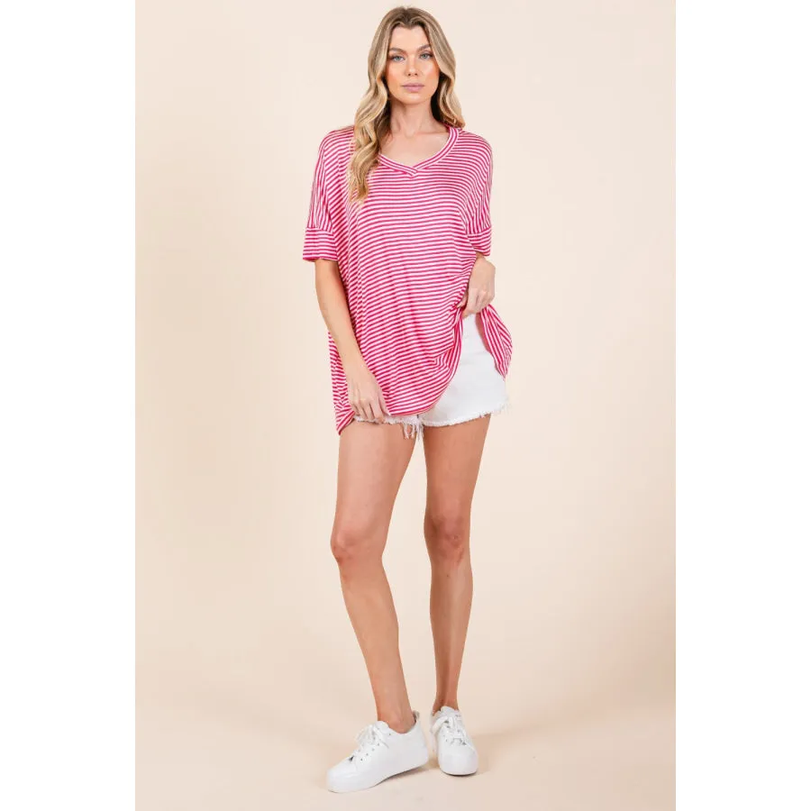 BOMBOM Striped V-Neck T-Shirt