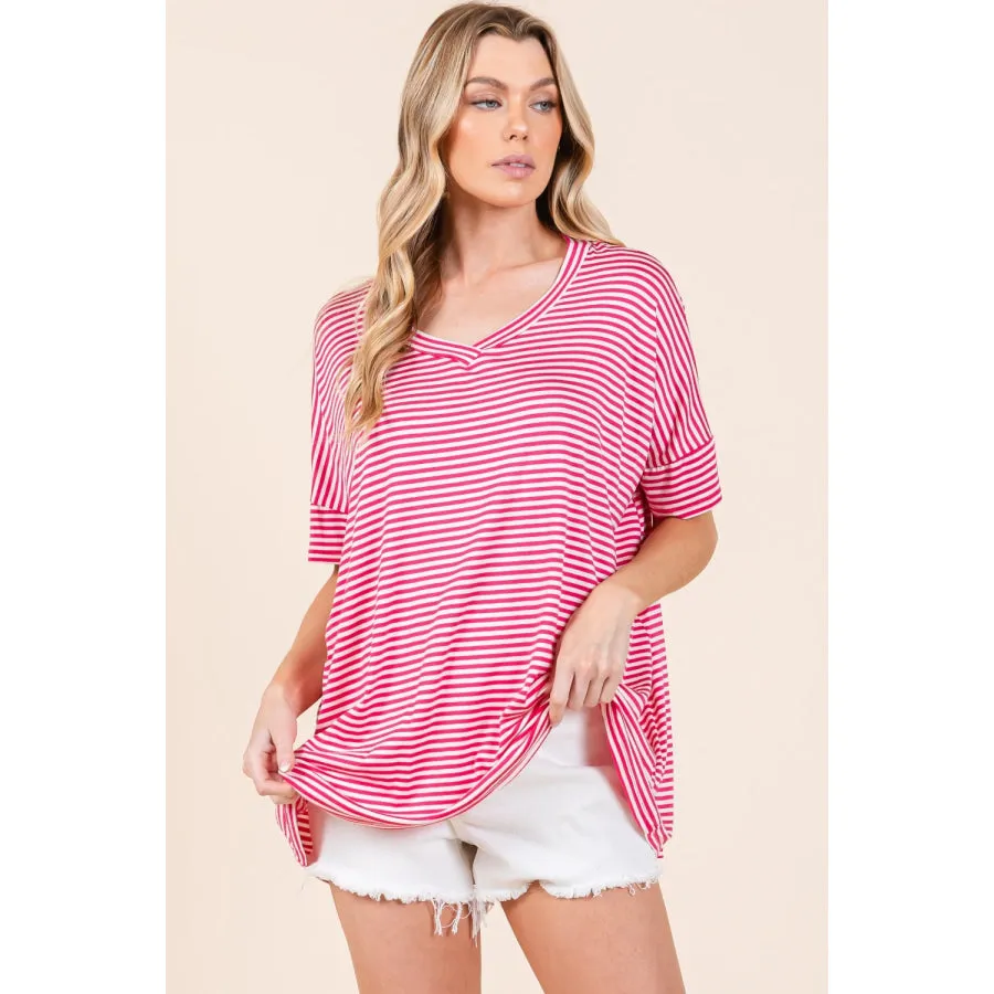 BOMBOM Striped V-Neck T-Shirt