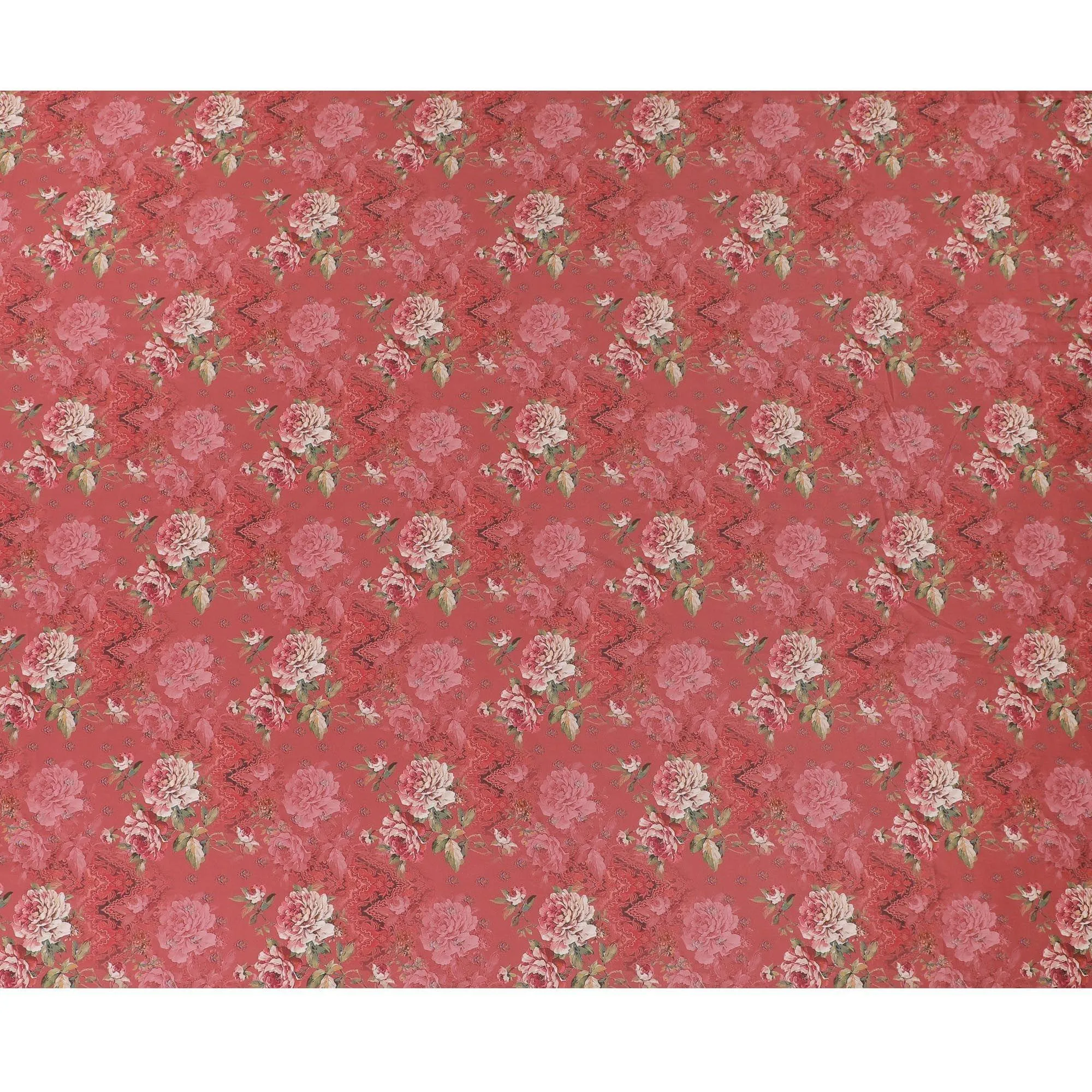 Brick red synthetic crepe fabric with multicolor print in floral design-D15026