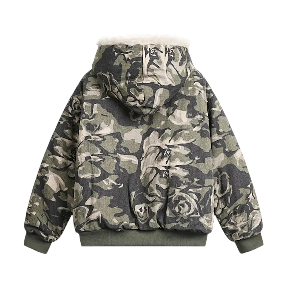 Camouflage printed cotton quilted jacket with fur trim