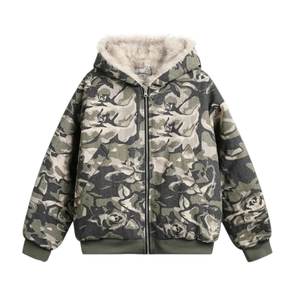 Camouflage printed cotton quilted jacket with fur trim