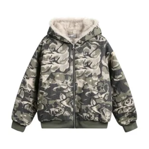 Camouflage printed cotton quilted jacket with fur trim