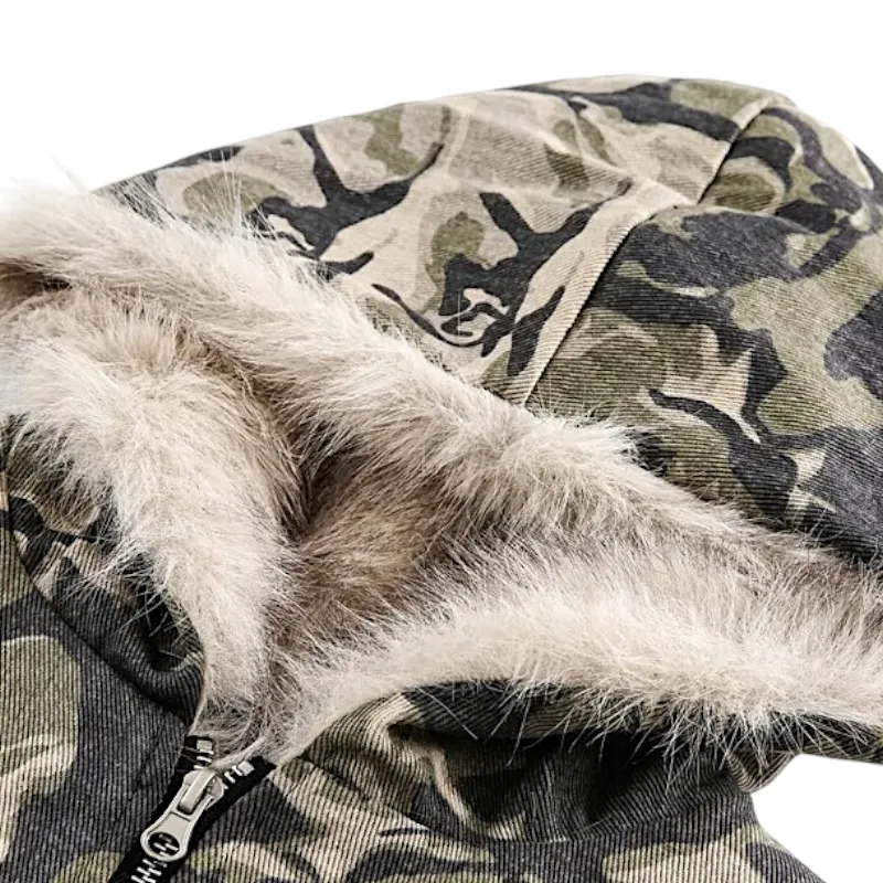 Camouflage printed cotton quilted jacket with fur trim