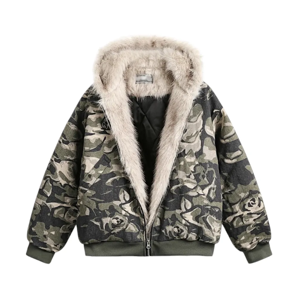 Camouflage printed cotton quilted jacket with fur trim