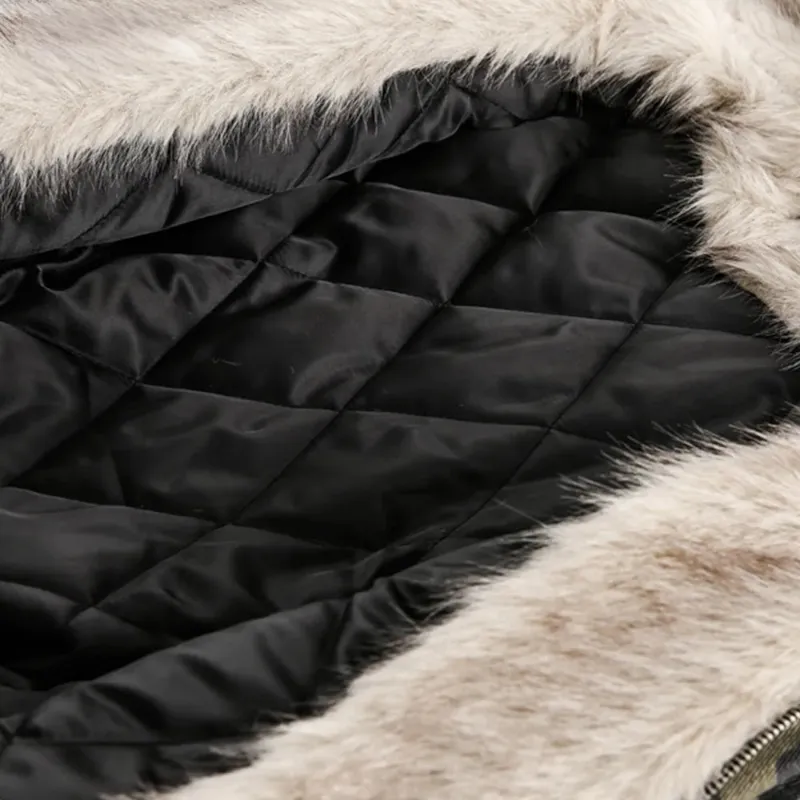 Camouflage printed cotton quilted jacket with fur trim