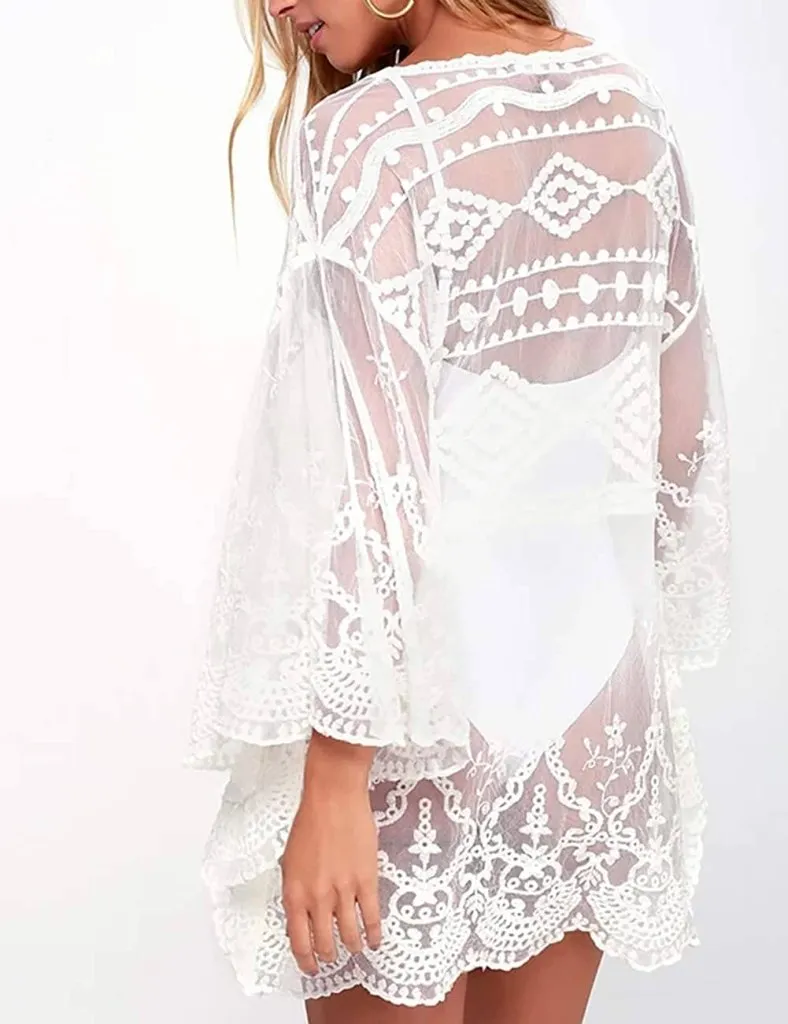 Casual V Neck Lace Mesh Beach Cover Up
