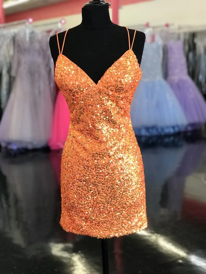Dave & Johnny 10904 Short Iridescent Sequin Corset Homecoming Dress Cocktail Formal
