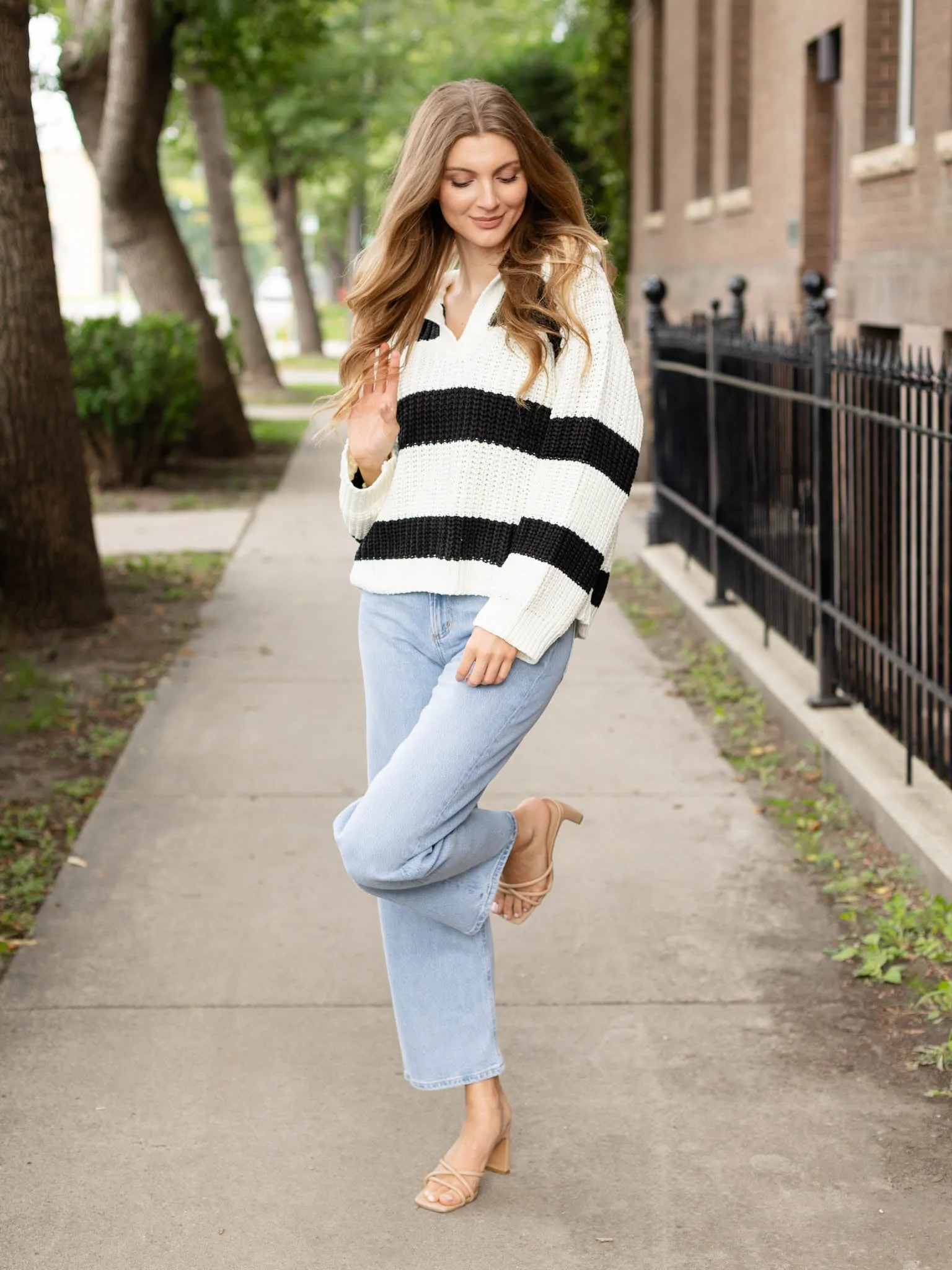 Elan V-Neck Notched Stripe Sweater