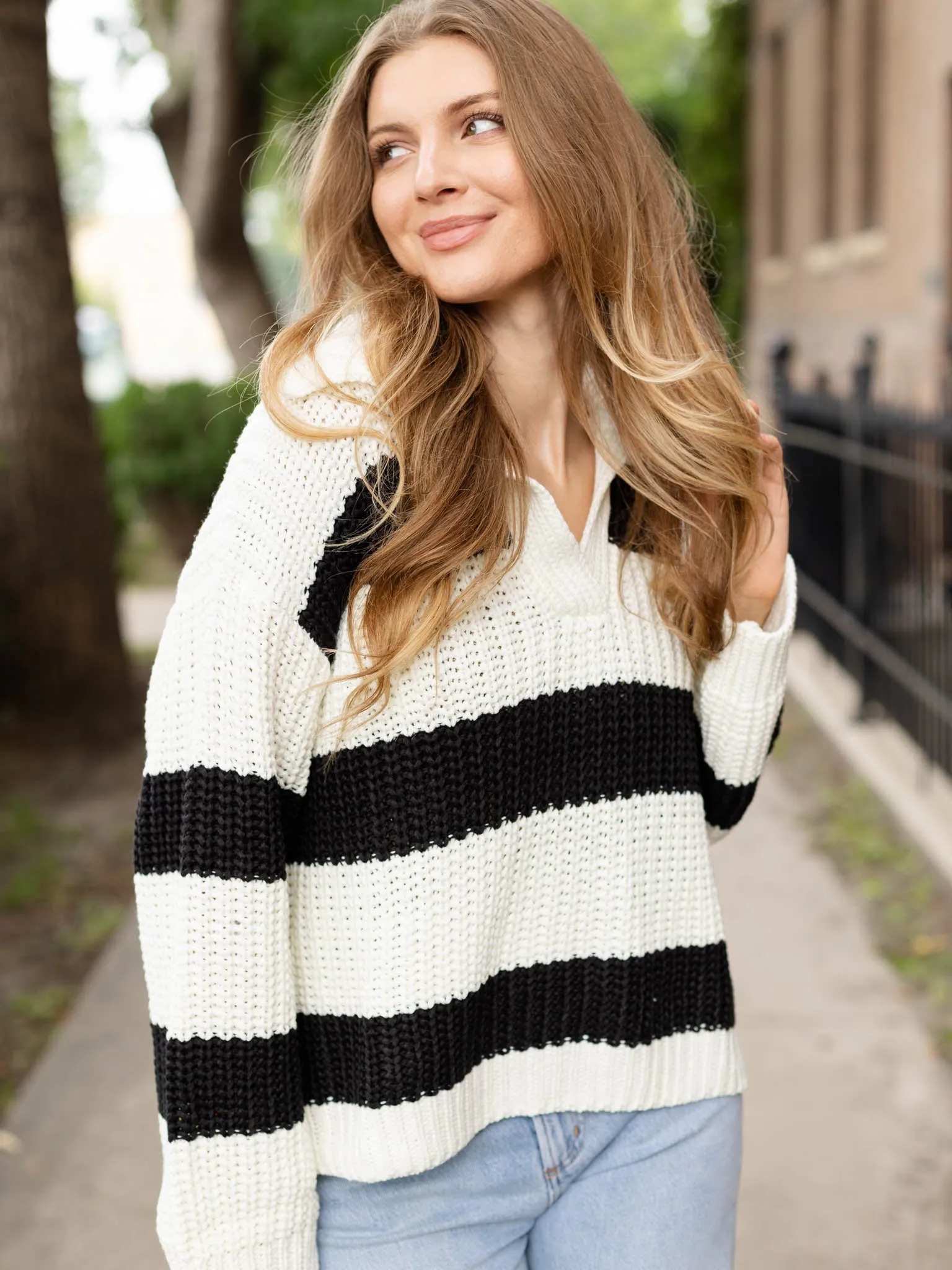 Elan V-Neck Notched Stripe Sweater