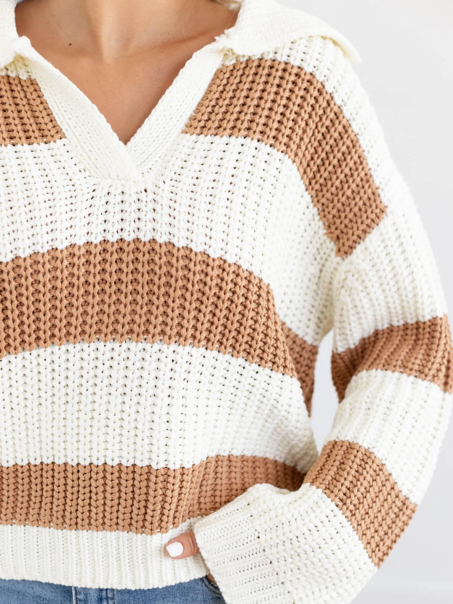 Elan V-Neck Notched Stripe Sweater