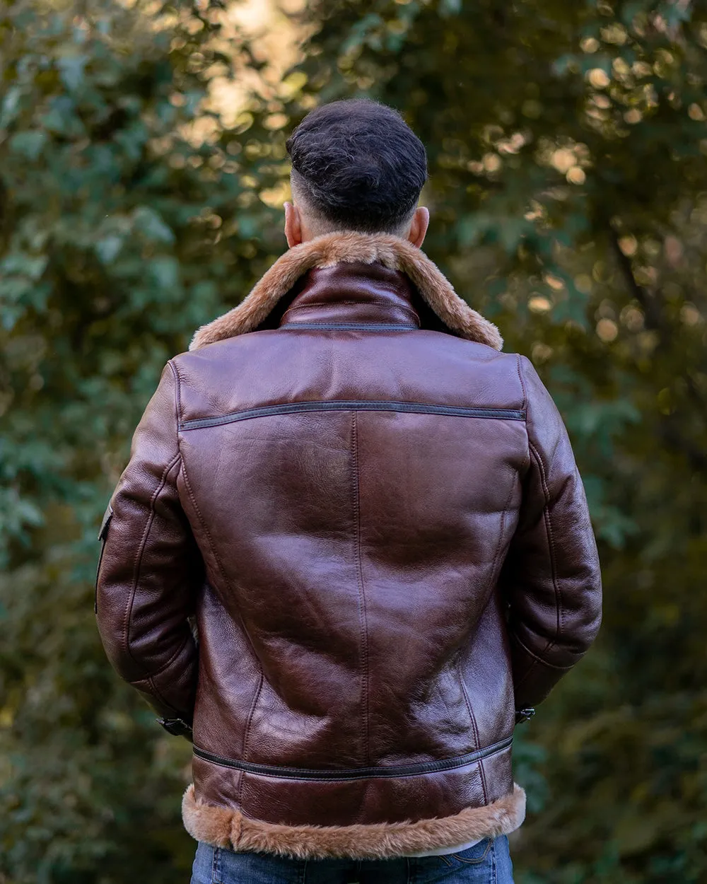 Esa Brown Bomber Sheepskin Shearling Jacket with large pockets