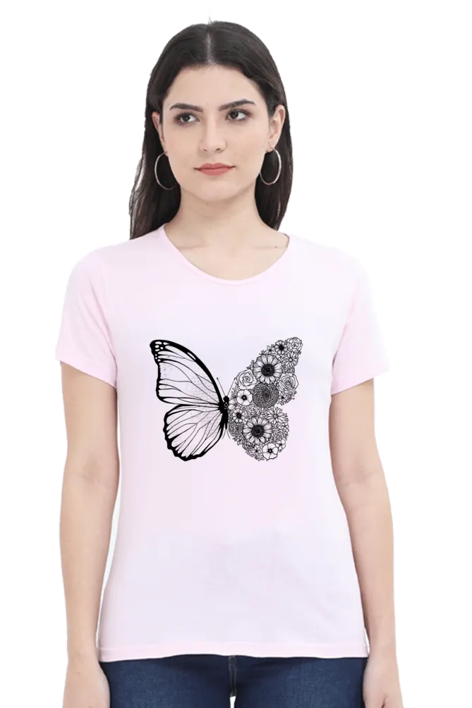 Floral Butterfly Printed Scoop Neck T-shirt for women