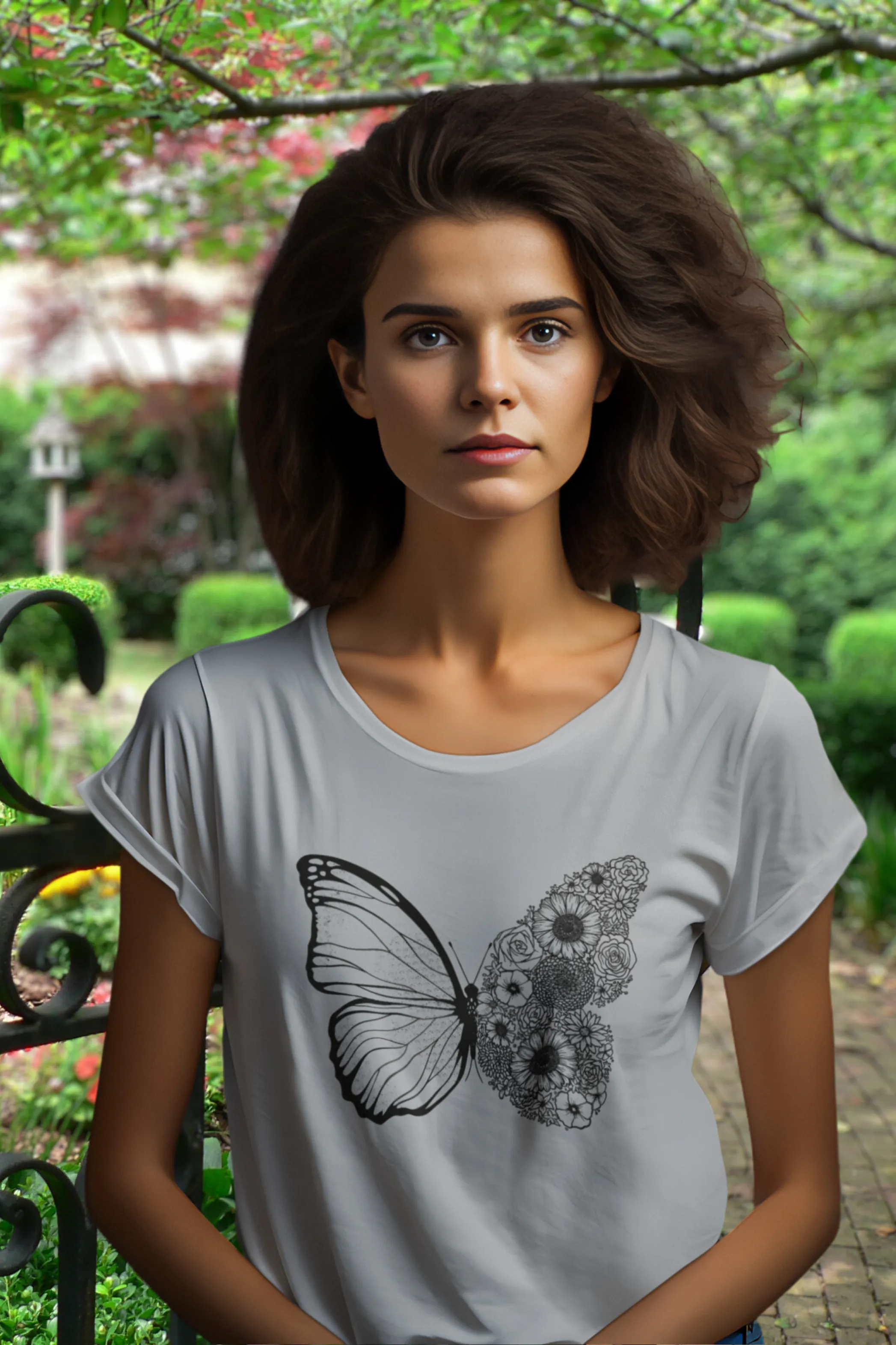 Floral Butterfly Printed Scoop Neck T-shirt for women