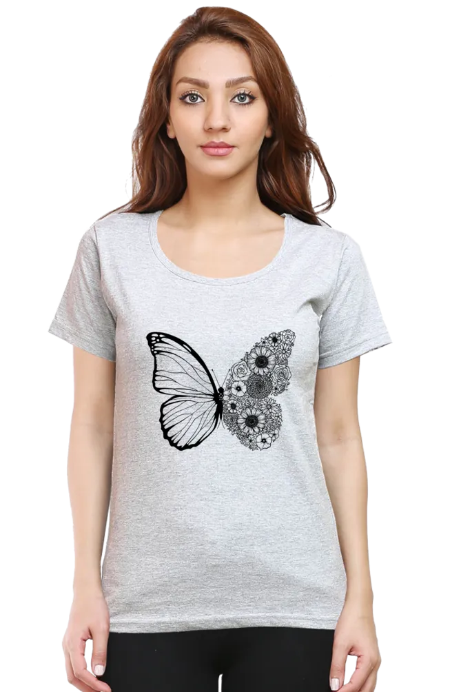Floral Butterfly Printed Scoop Neck T-shirt for women