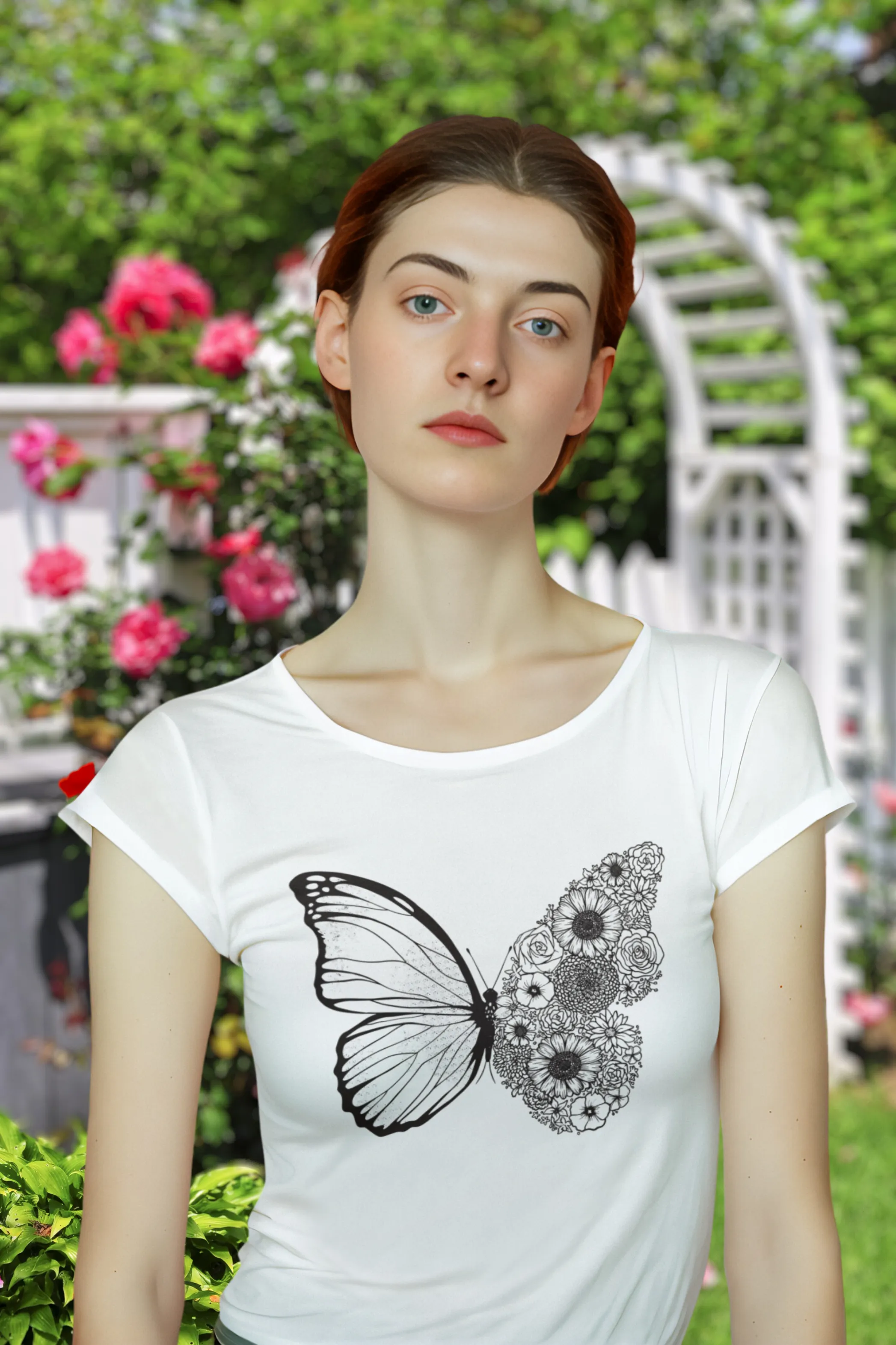 Floral Butterfly Printed Scoop Neck T-shirt for women