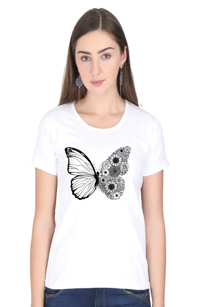 Floral Butterfly Printed Scoop Neck T-shirt for women